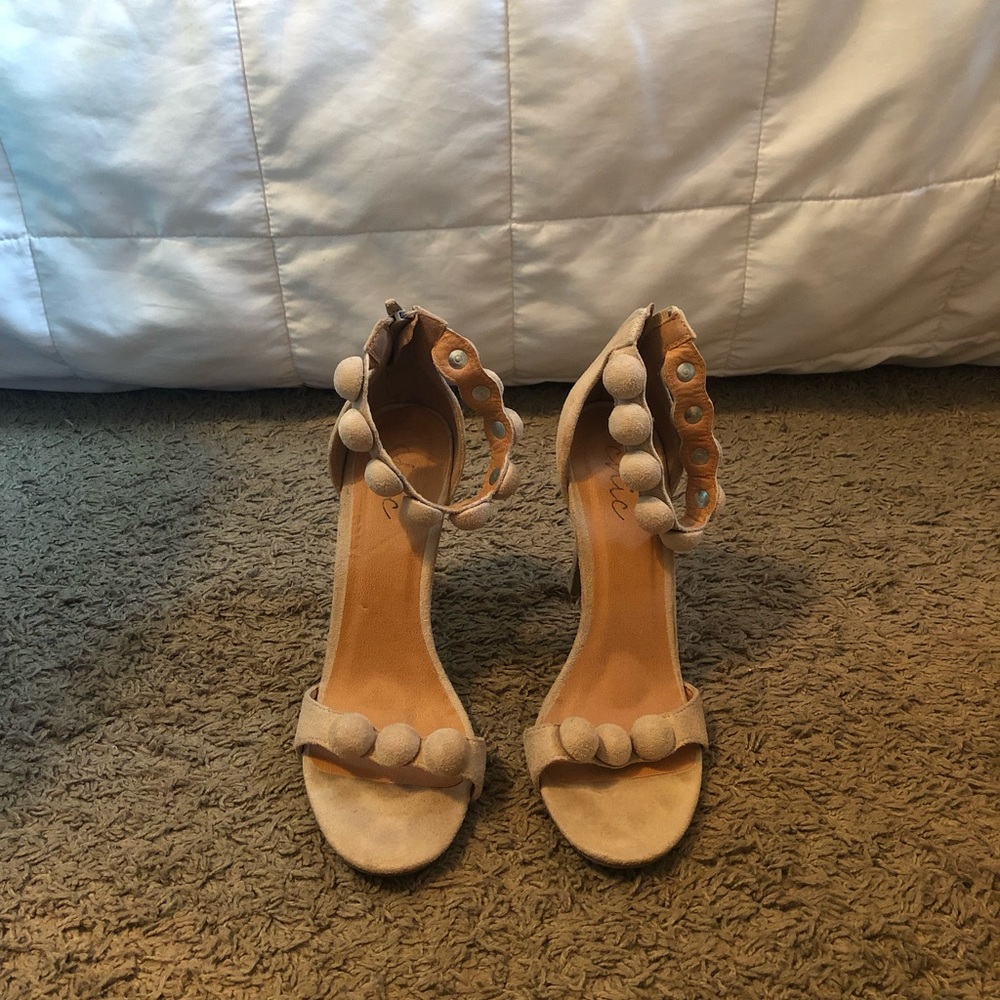Nude Suede Rivet Ball Open Toe Heels